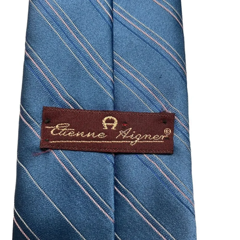 Vintage Etienne Aigner Necktie Mens Tie Silk Blue Striped Office Preppy